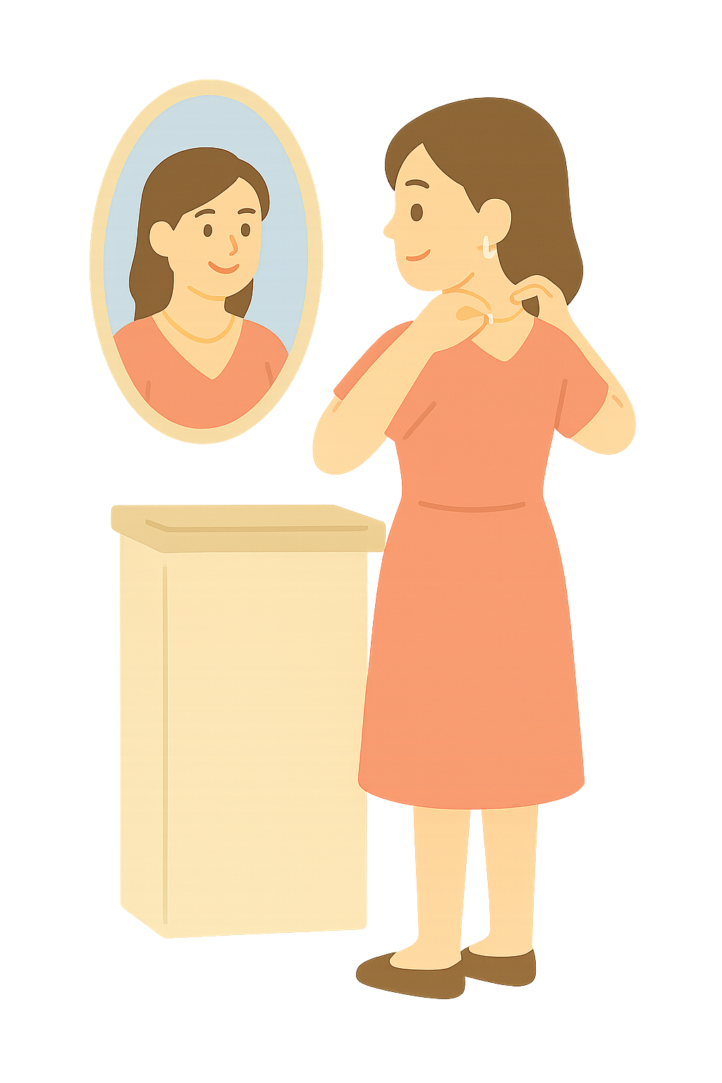 목걸이 고리를 채우며 거울을 보는 여성