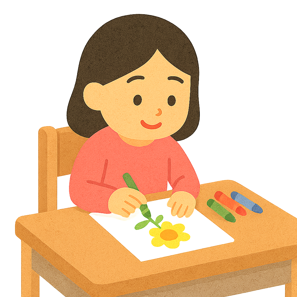 책상에 앉아 색연필로 그림 그리기