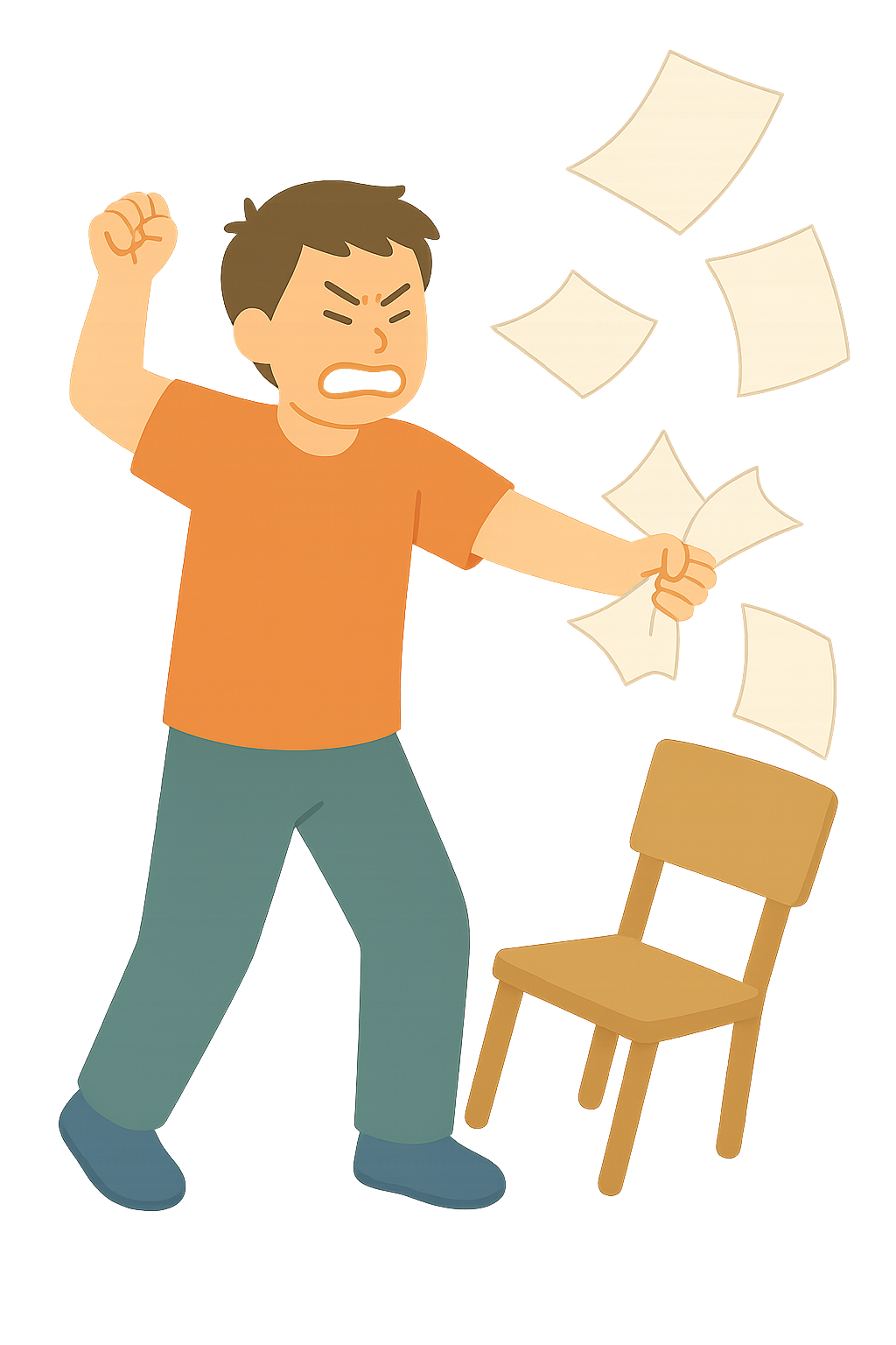 화를내며 종이를 던지는 모습