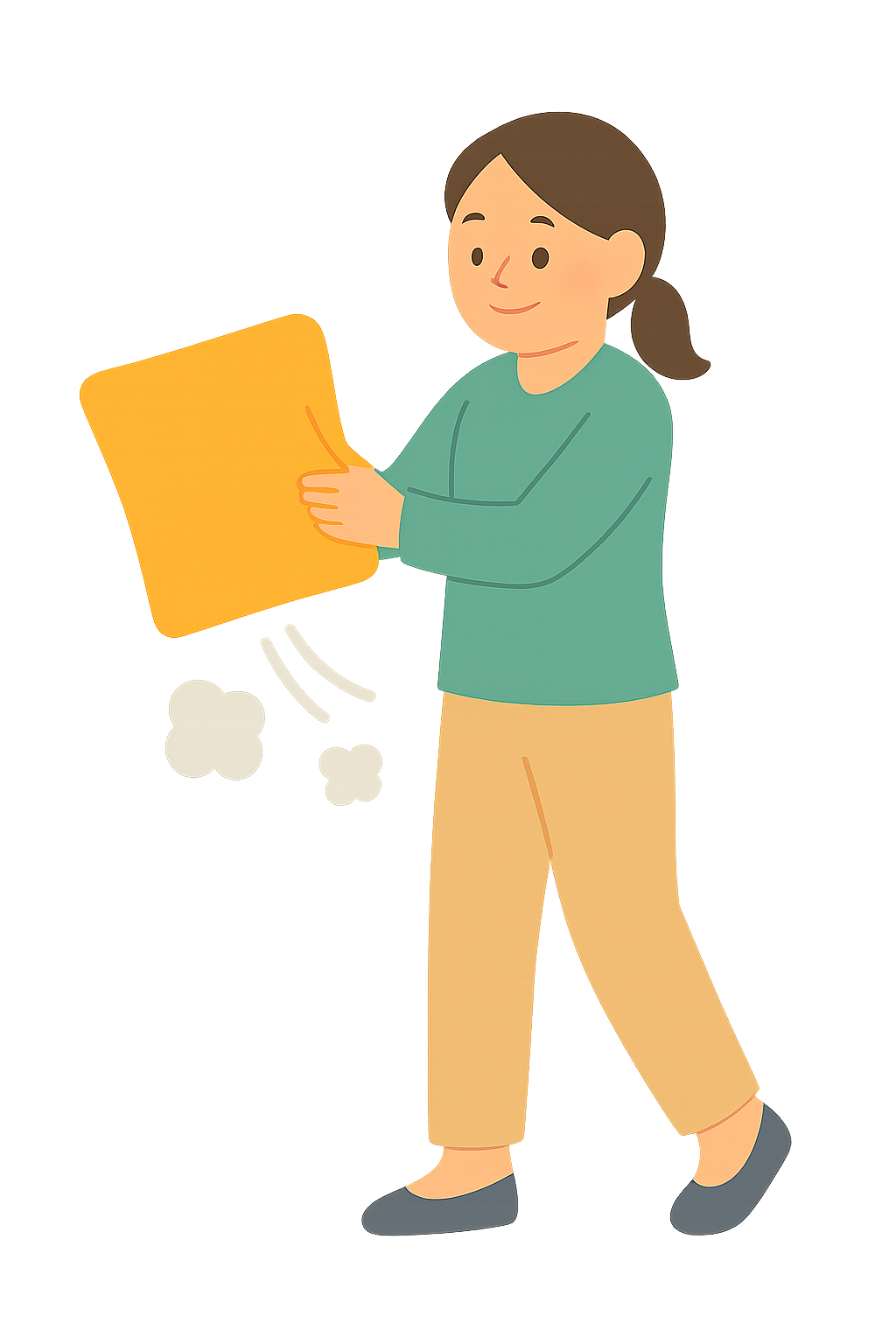 소파쿠션을 털며 먼지를 제거하는 여성