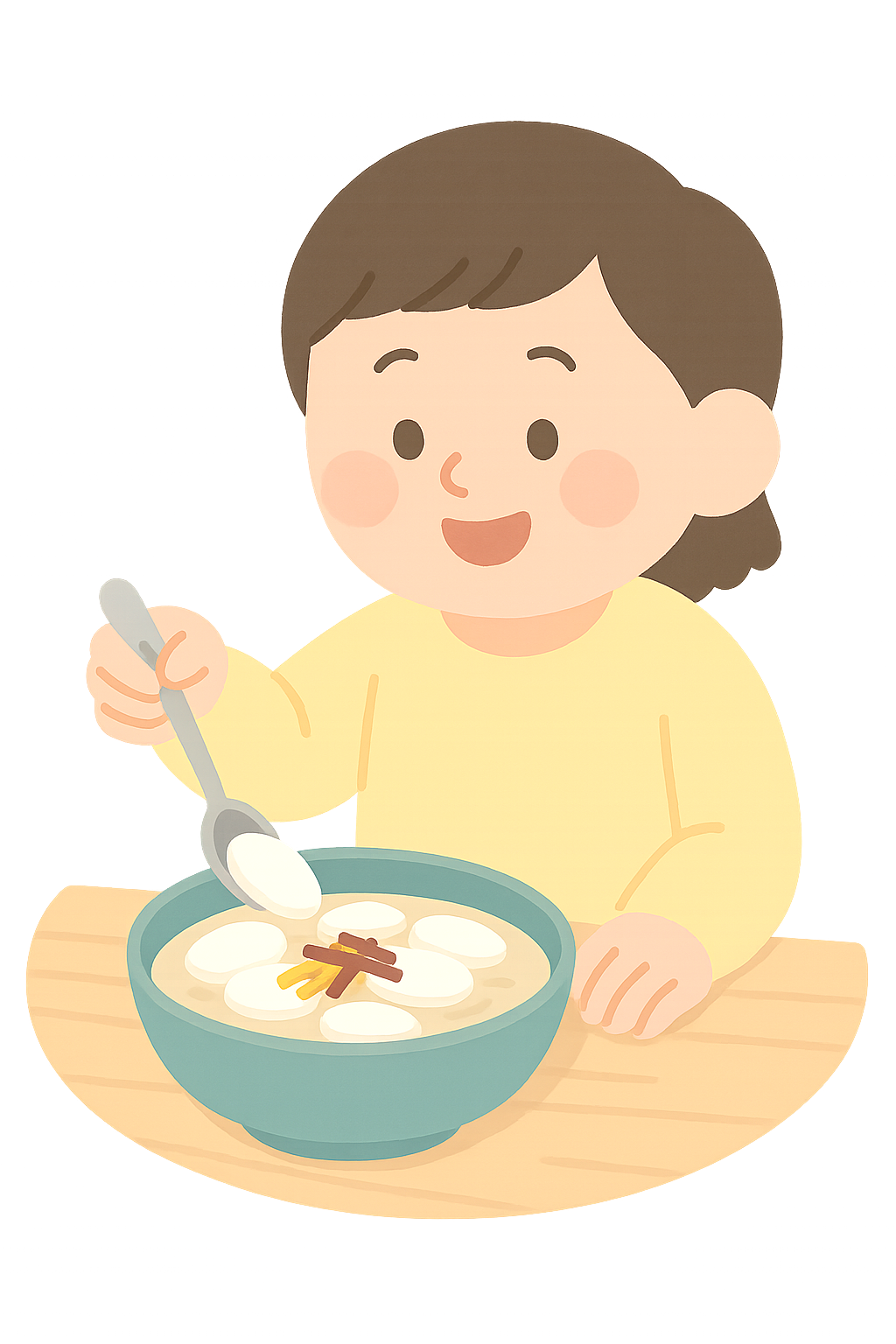 어린이가 떡국 그릇에서 떡 건지기