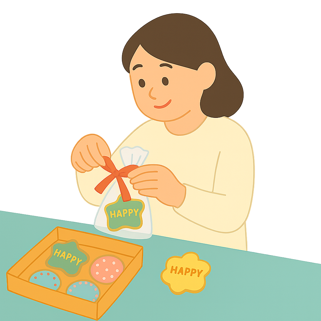 생일 쿠키를 포장하는 장면