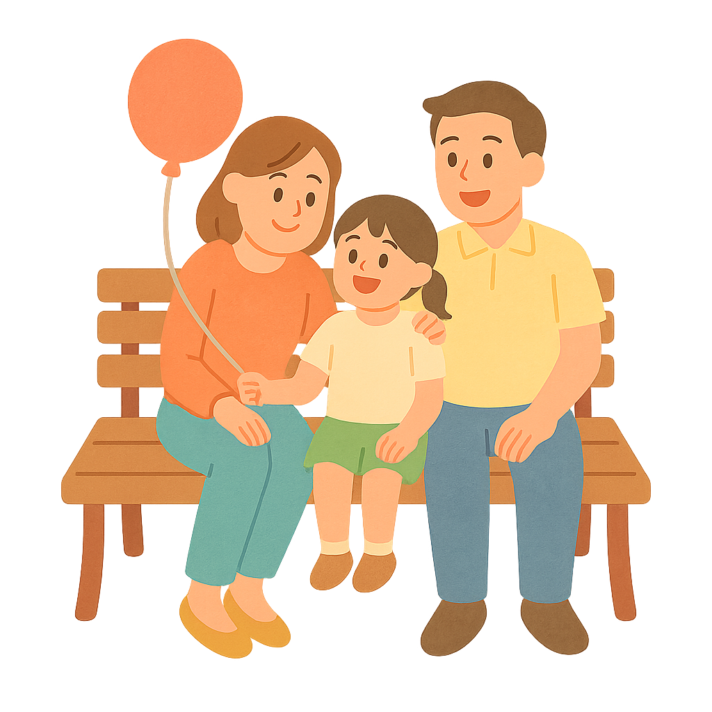 공원벤치에 함꼐 앉아 아이와 풍선을 들고앉은모습