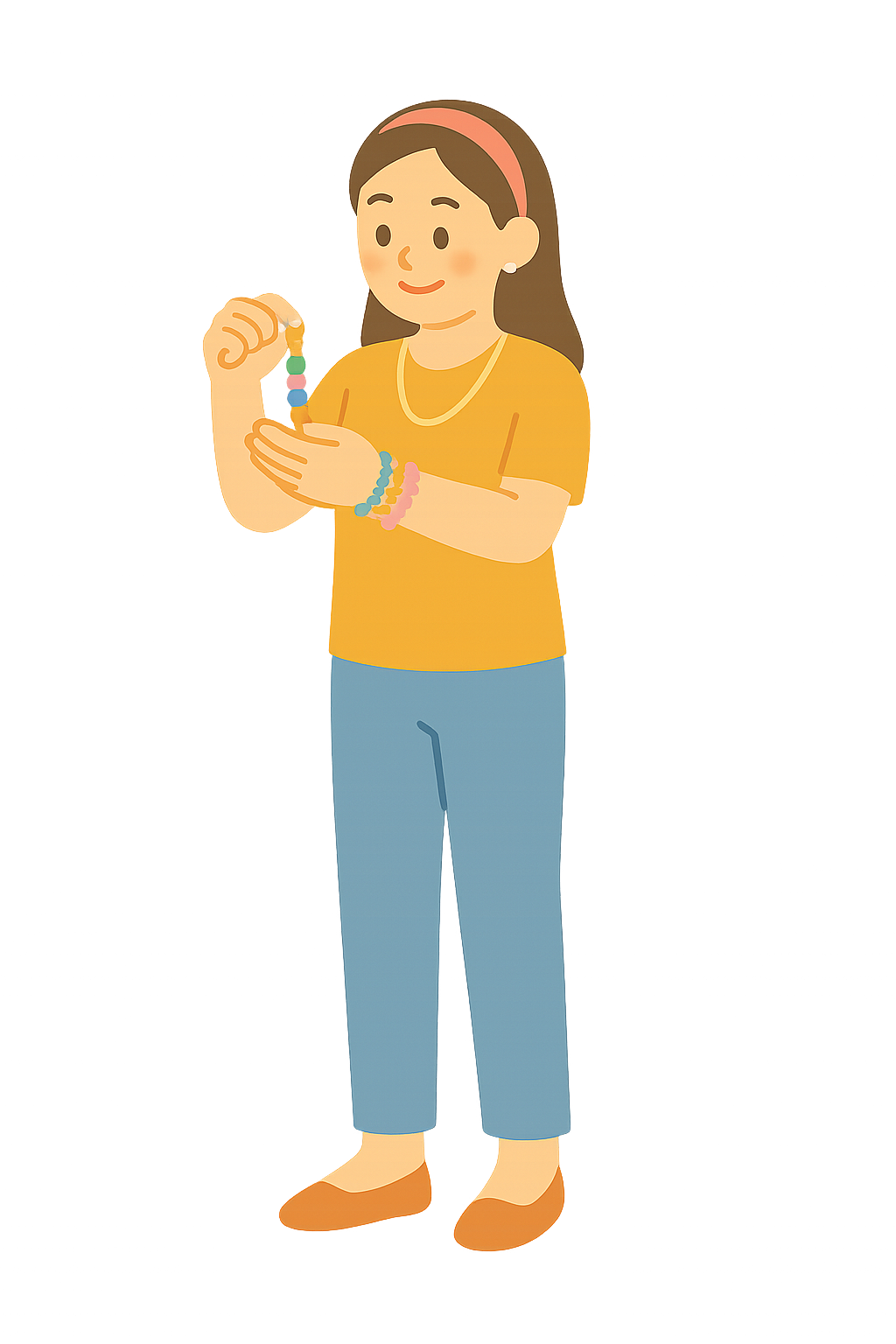 비즈 팔찌를 손목에 착용하는 모습