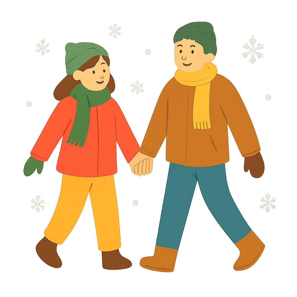 눈속에서 손을 잡고 걷는 커플