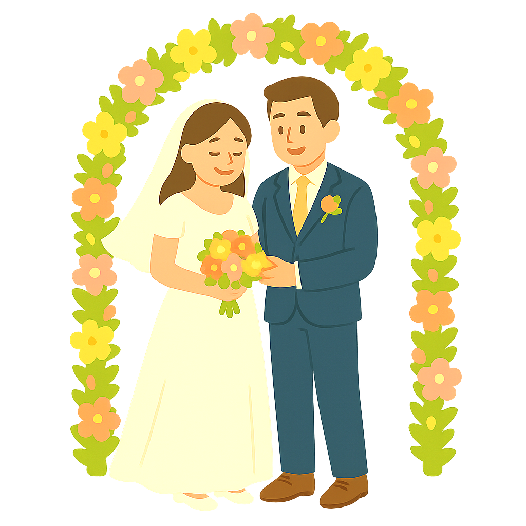 꽃으로 장식된 아치아래에서있는 커플