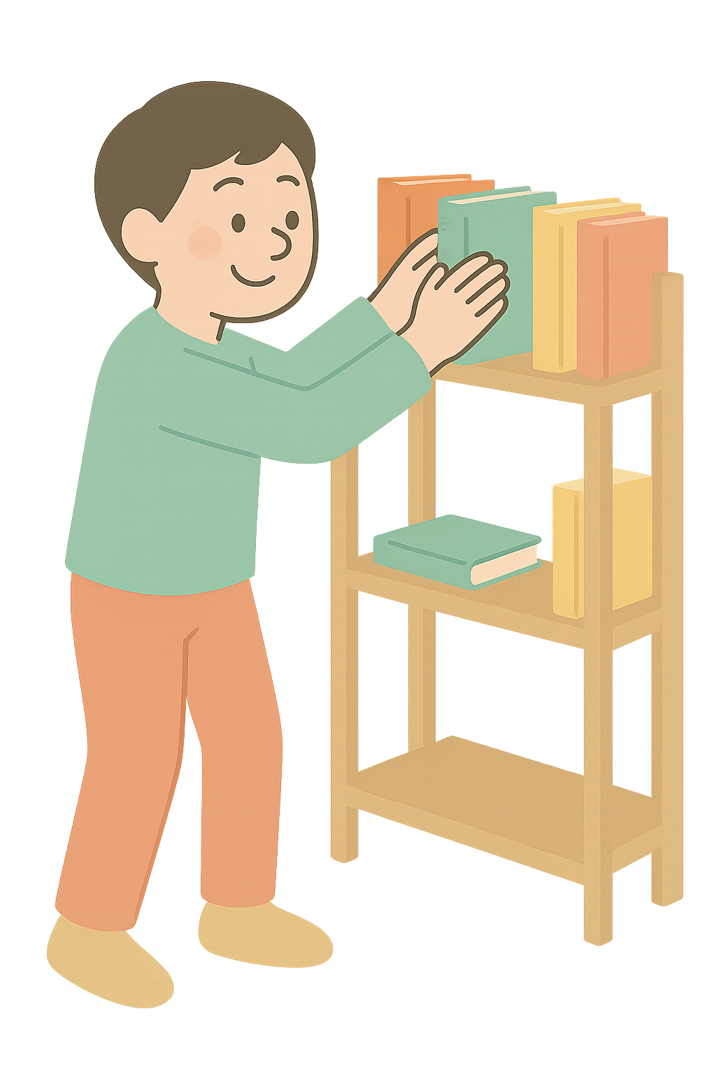 책을 책꽂이에 가지런히 정리하는 모습