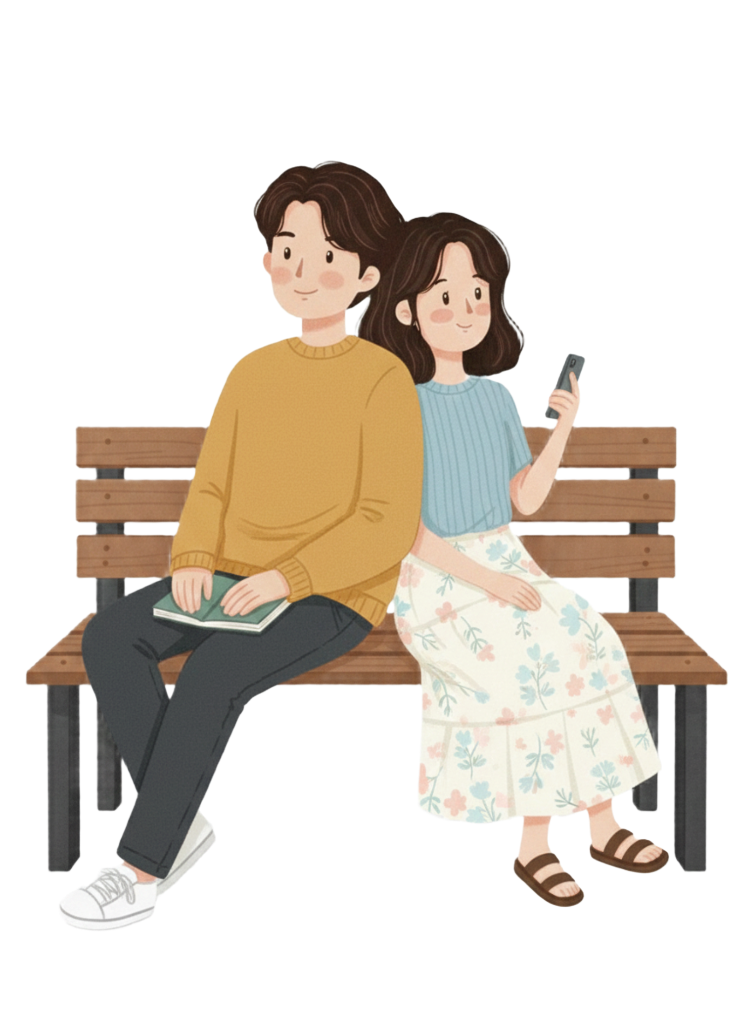 벤치에서 등을 맞대고 앉아있는 모습