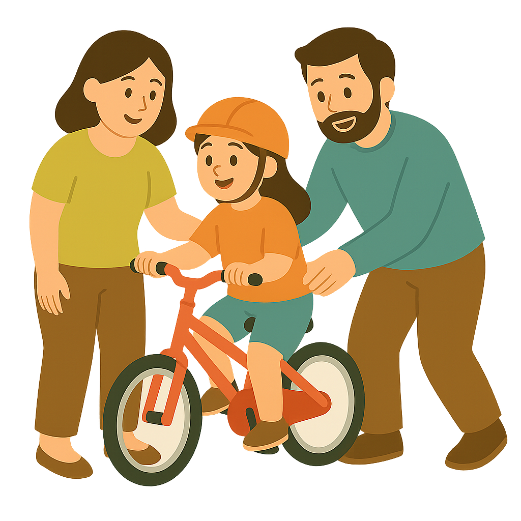 부모가 아이 자전거 타기를 도와주는 모습