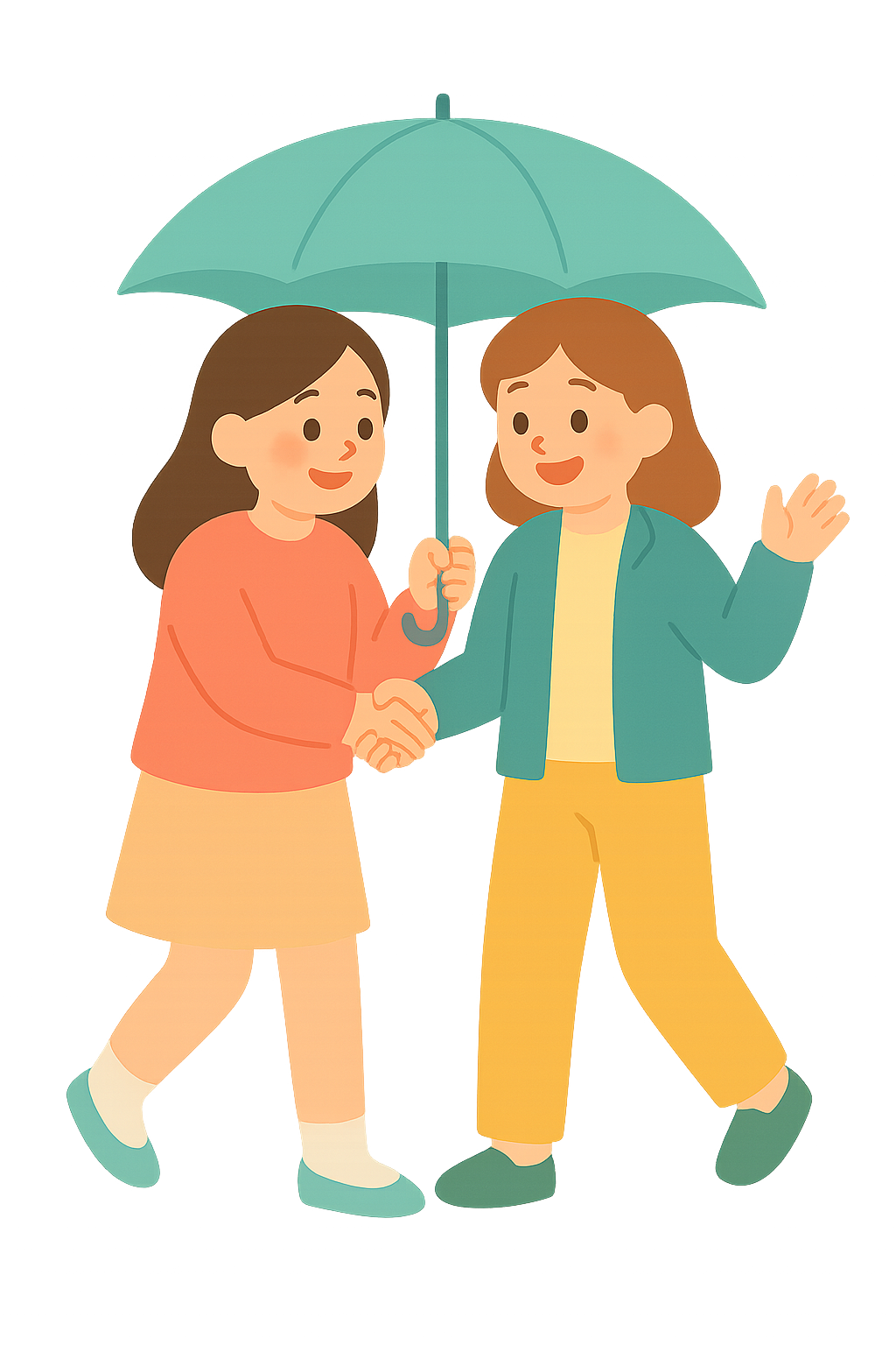 우산을 함께 쓰고 걷는친구들