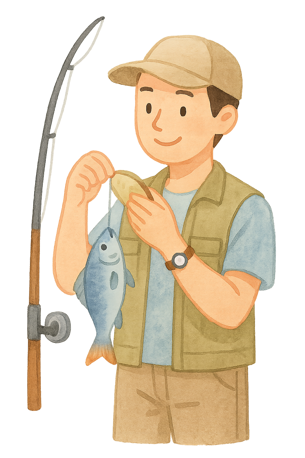 사람이 낚싯대 들고 물고기낚기