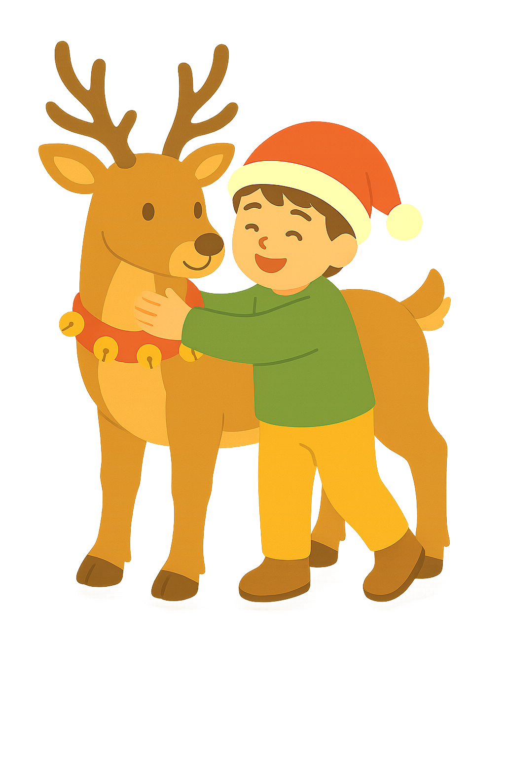 방울을 단 순록을 안고있는 아이