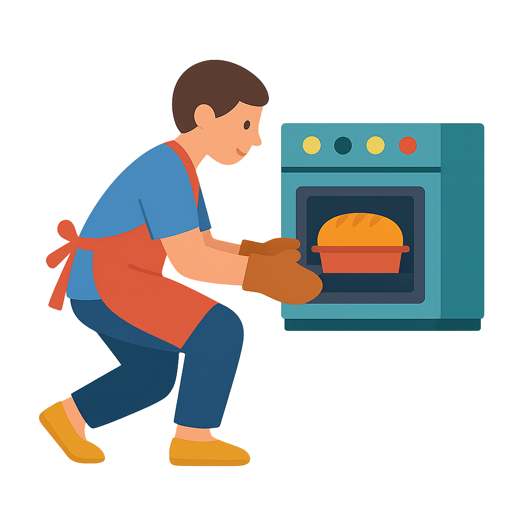 오븐에 빵을 굽는사람