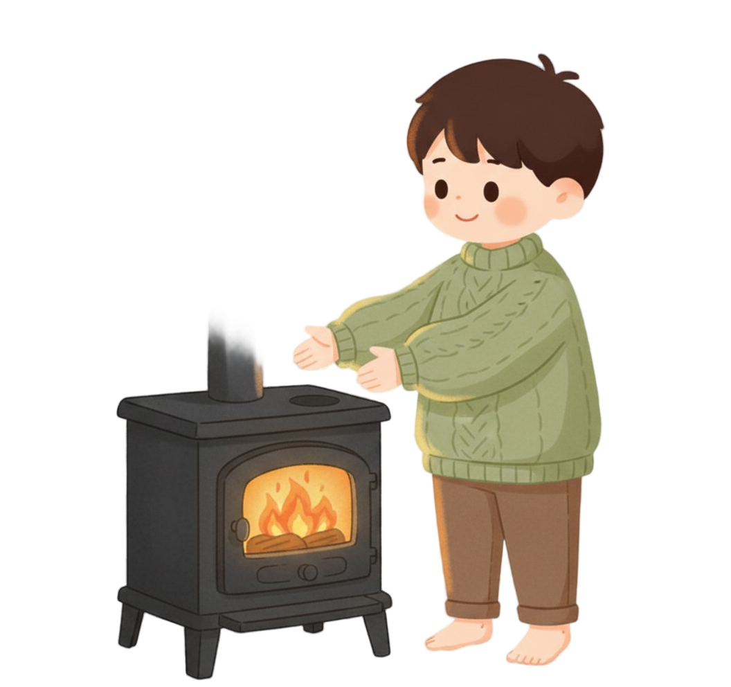 따뜻한 난로 옆에서 온기를 쬐는모습