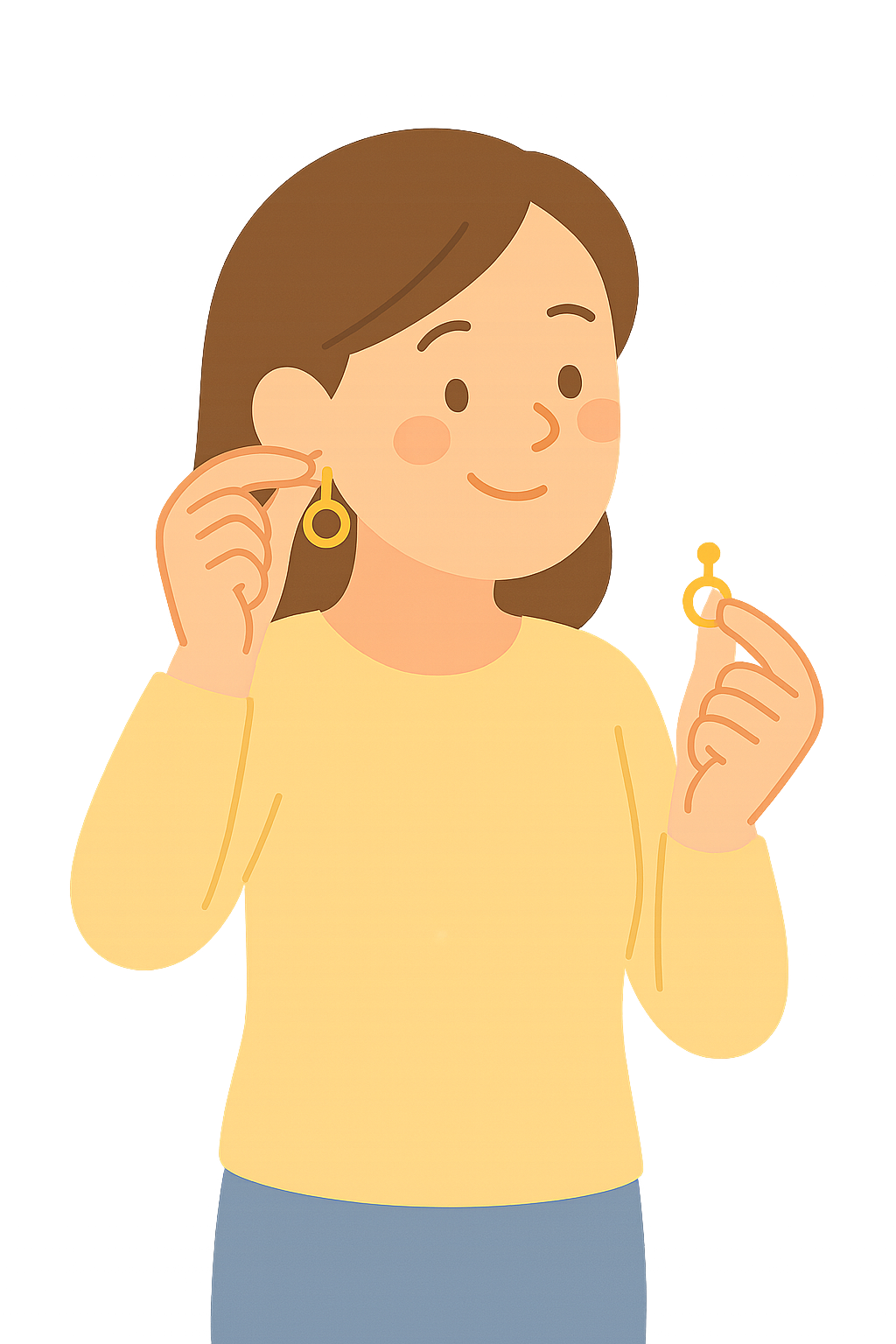 귀걸이를 들고 귀에 맞춰보는 모습