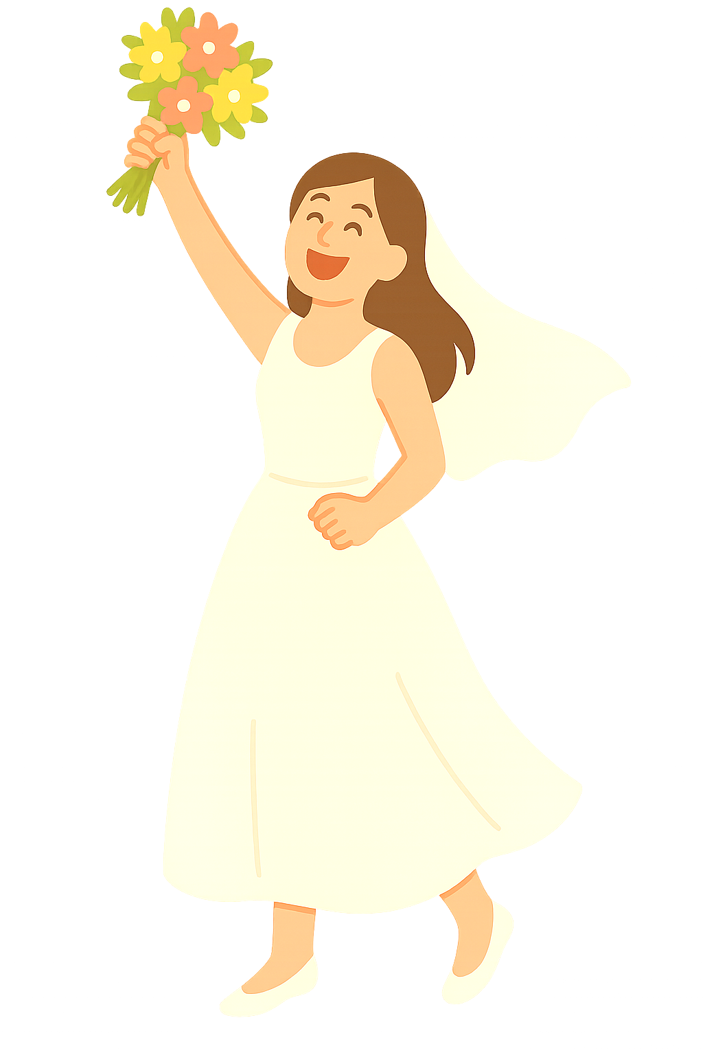 꽃다발을 높이들고 웃는 신부