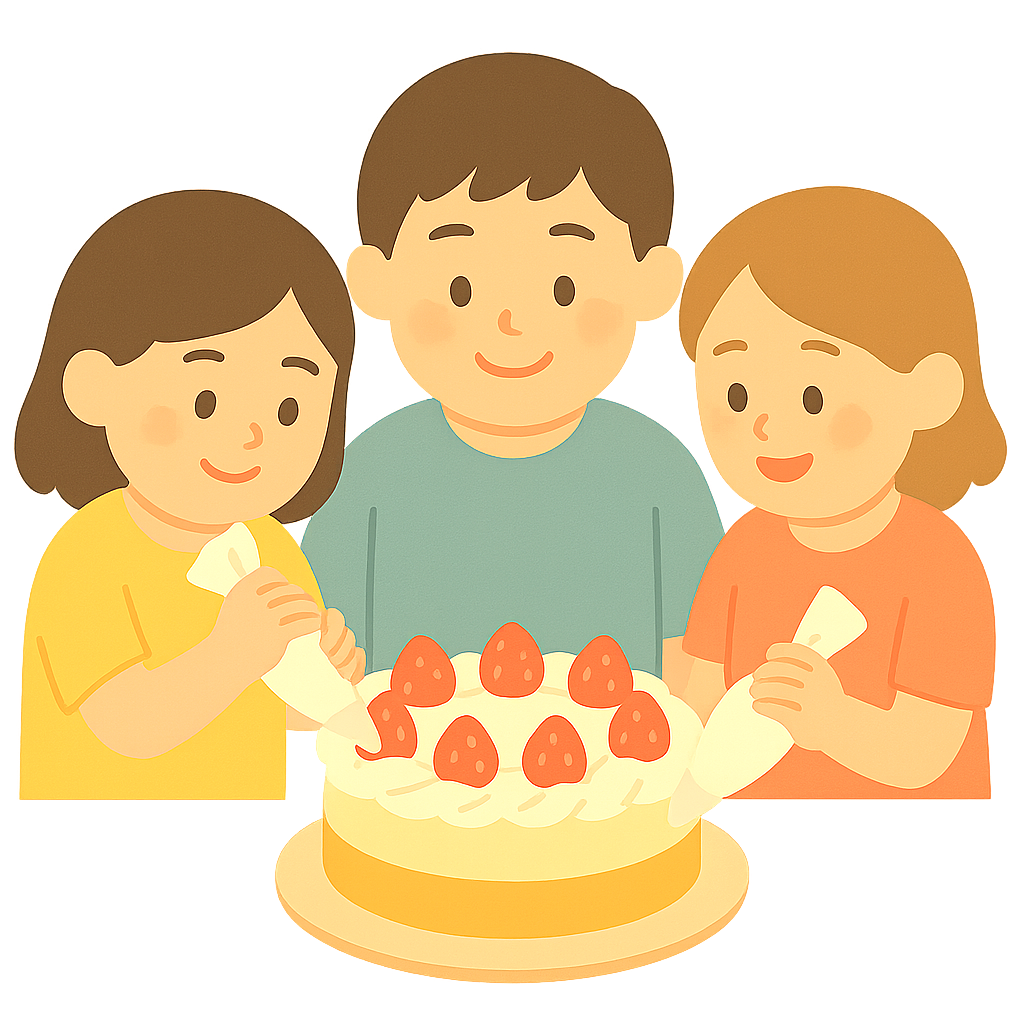 생크림으로 케잌 꾸미는 아이들