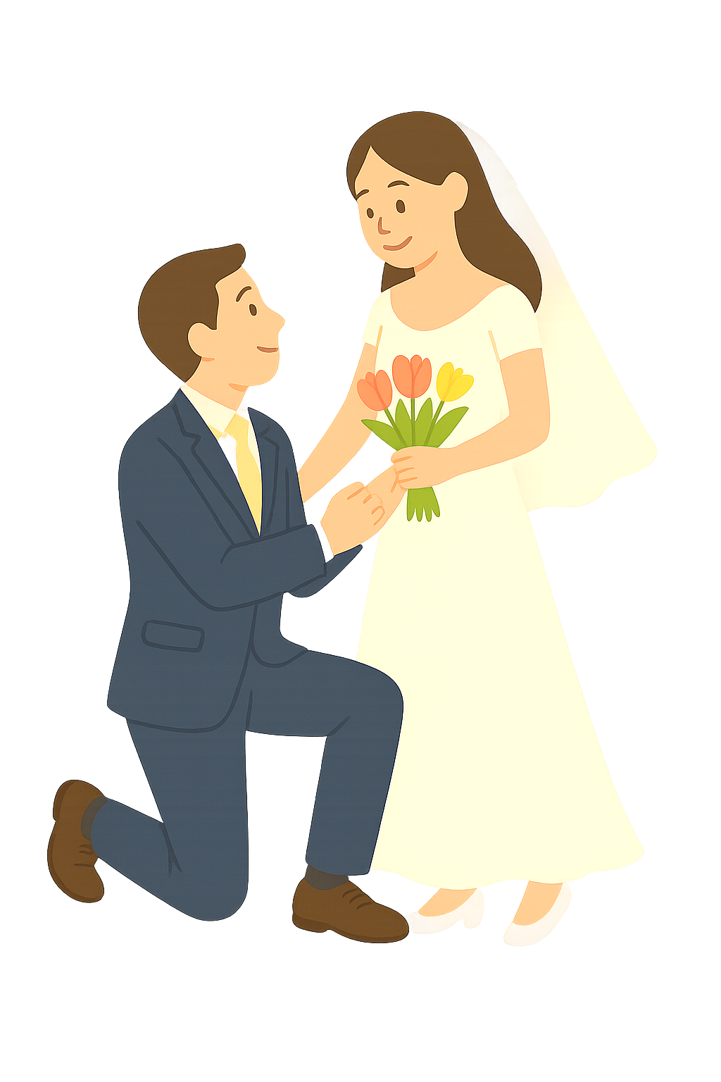 무릎꿇고 신부의 손을 잡고 있는 신랑