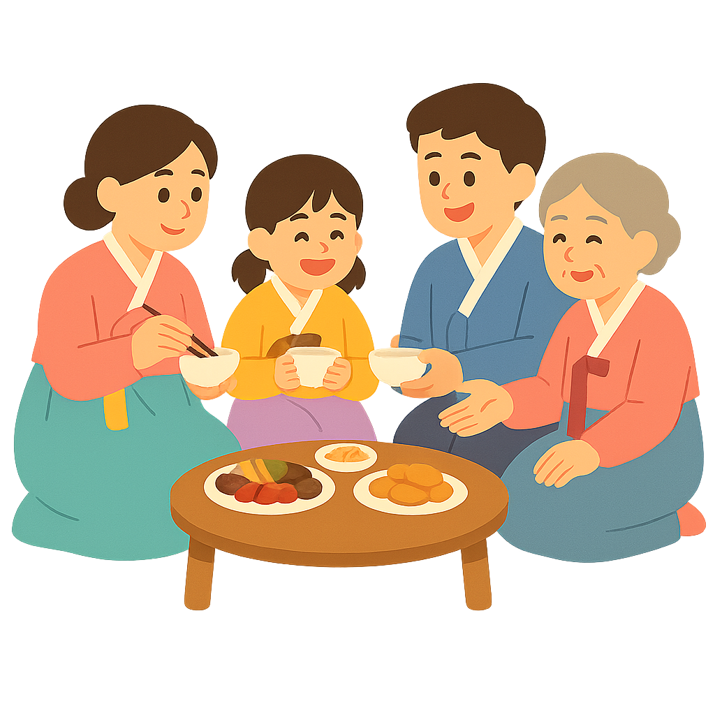 차례 후 음식을 나눠 먹는 가족들