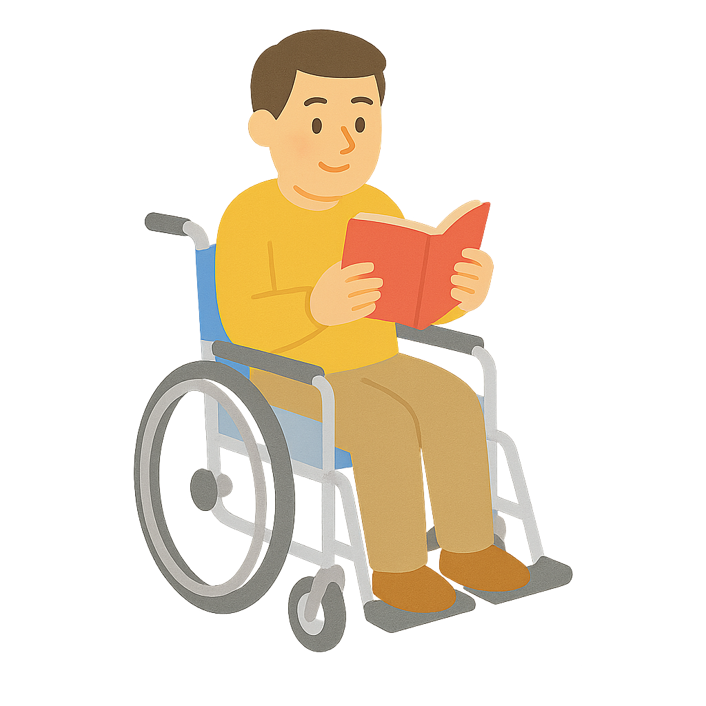 휠체어를 탄 이용자가 책을 읽는모습