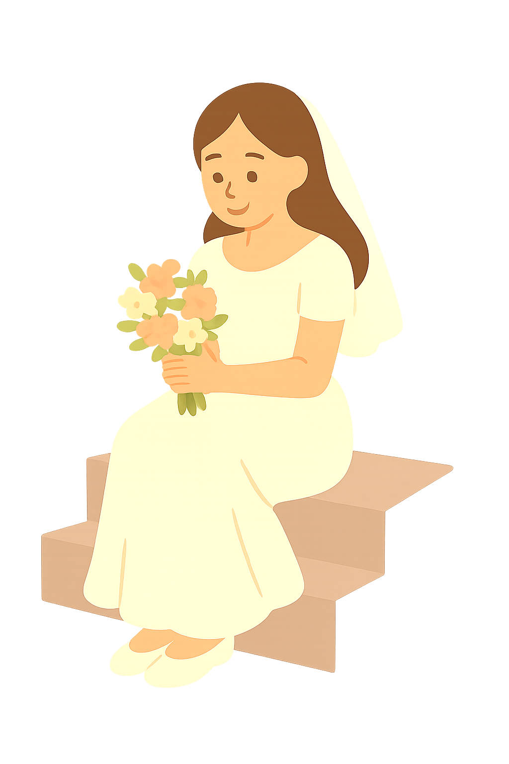 계단에 앉아 꽃다발을 들고있는 신부