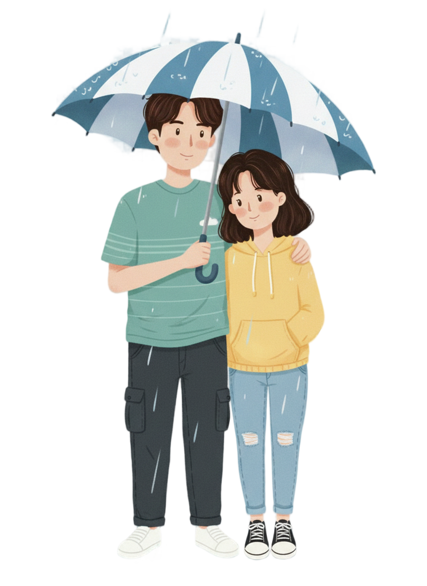 우산쓰고 비를 피하는 모습