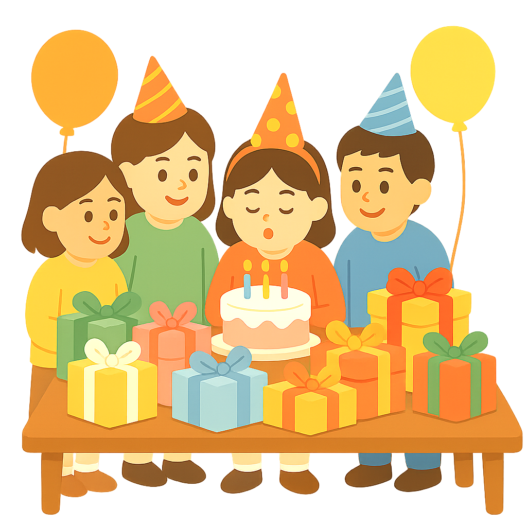 단체생일파티에서 선물쌓인테이블