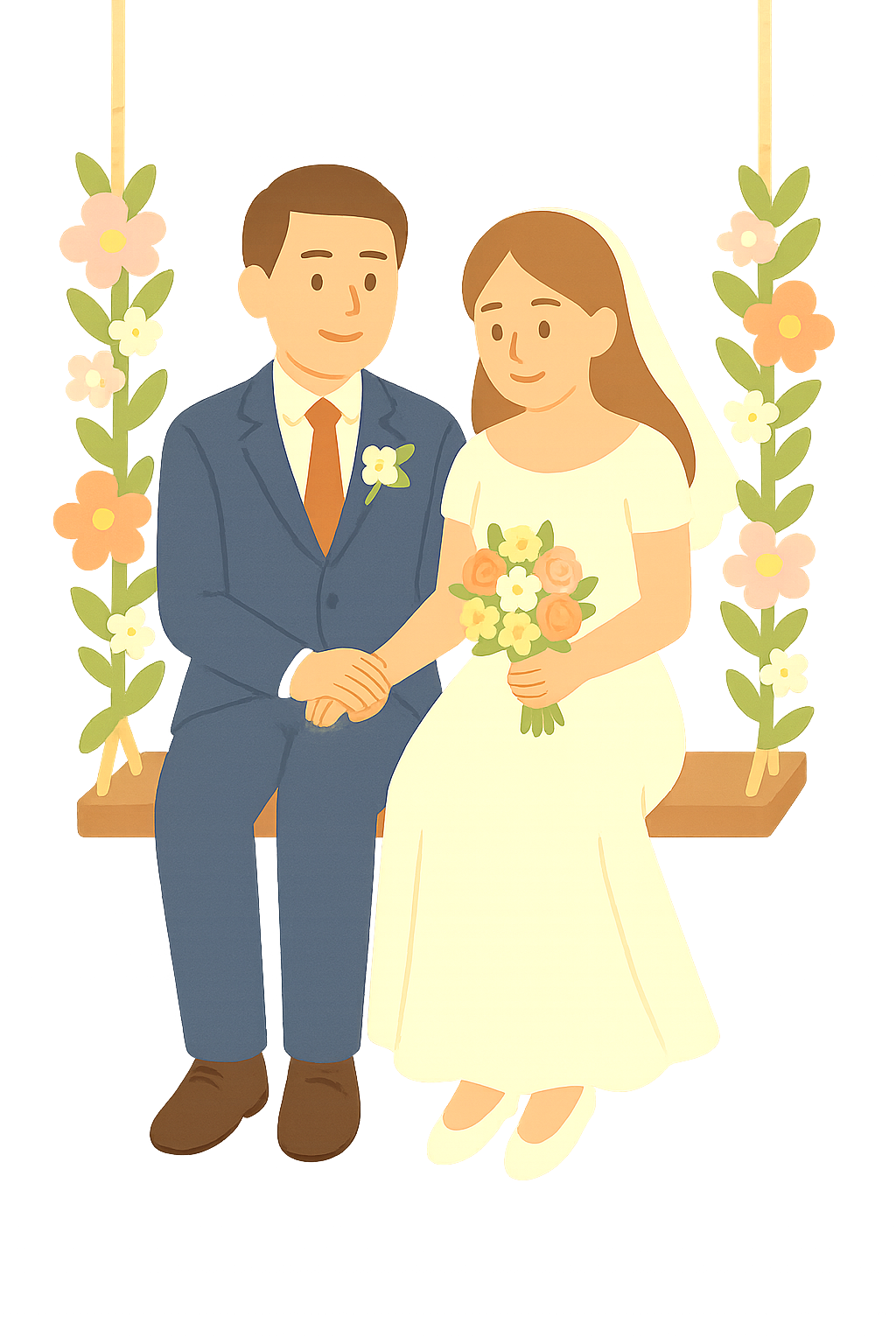 꽃으로 장식된 그네에 나란히 앉아있는 모습